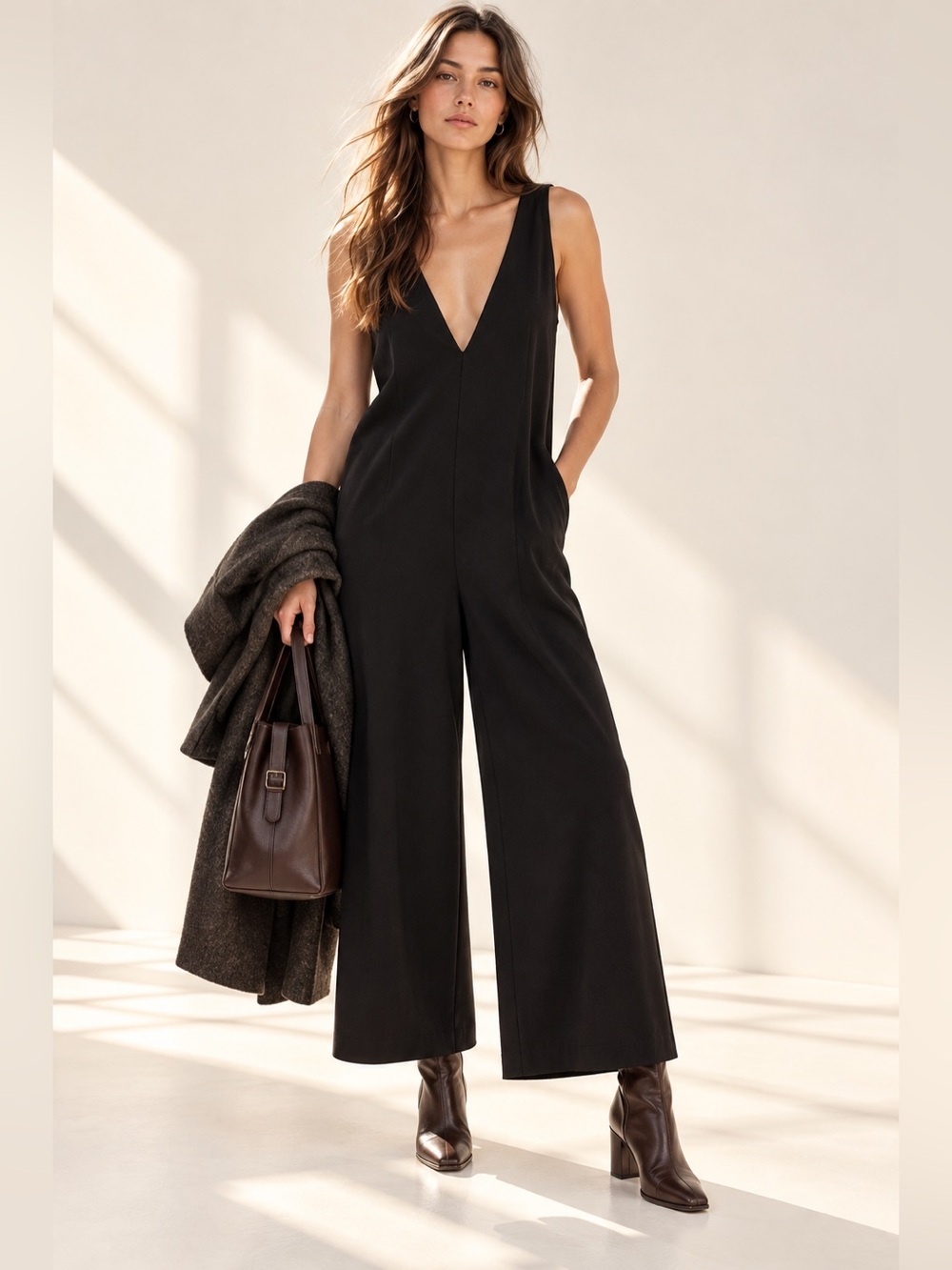 Oak + Fort Women's Jumpsuit Black Deep plunge V neck Pockets Wide leg Sz S